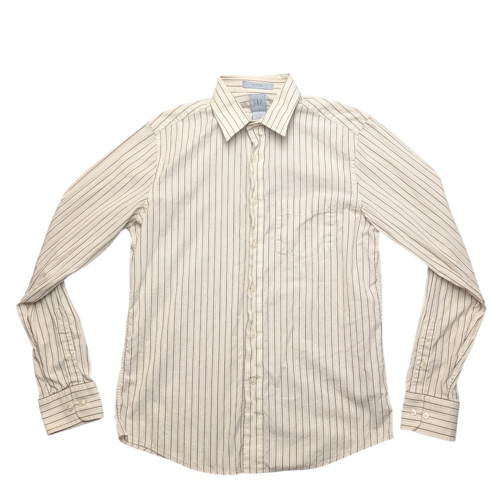 Y2K Gap Button Down Shirt Mens Small Cream Brown Striped Fitted S/570209-00-1